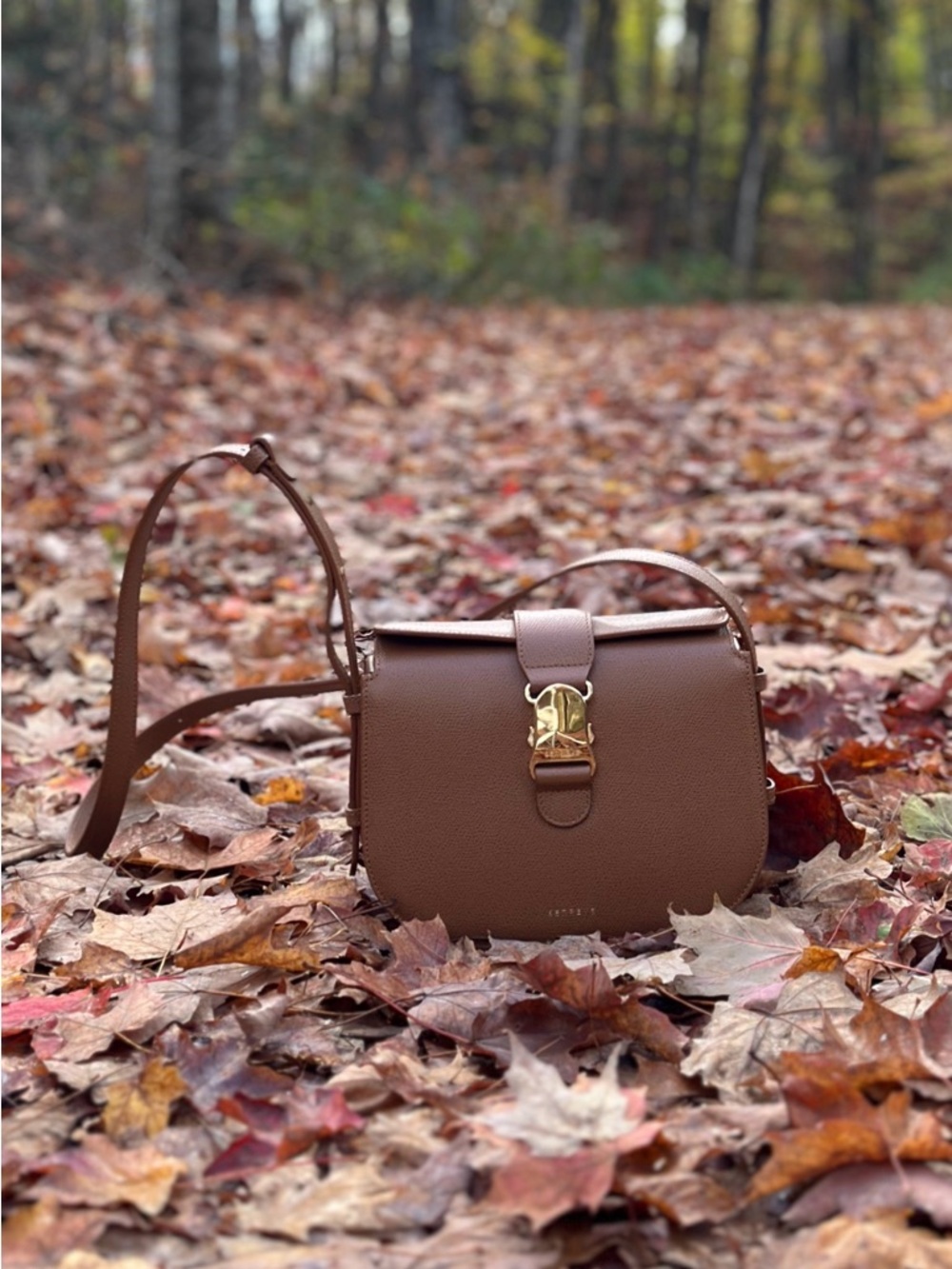 Senreve Cadence Chestnut Brown Pebbled Leather Crossbody Bag with Gold Buckle